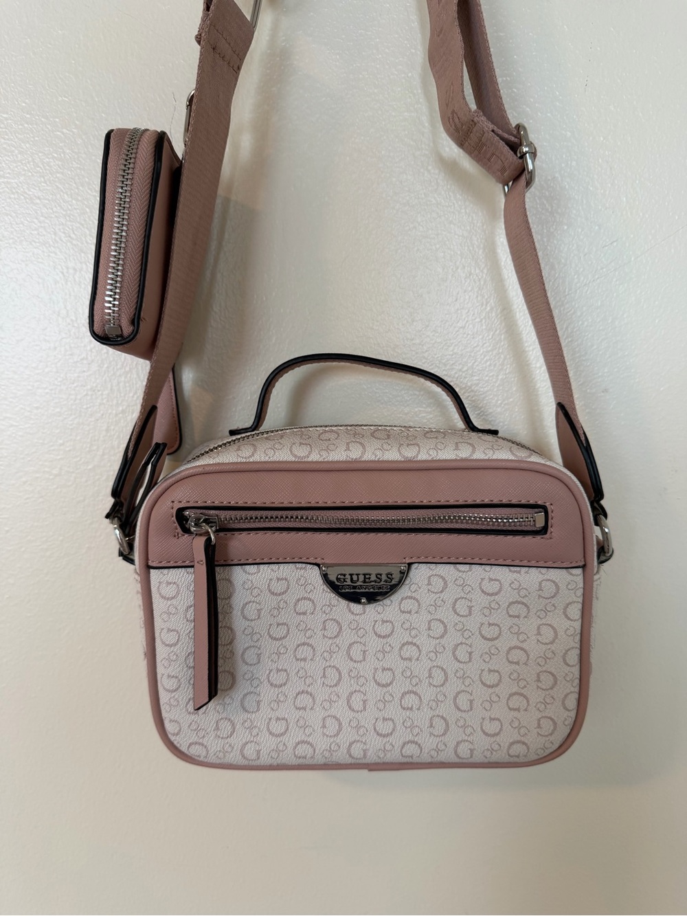 GUESS Small Crossbody Purse with Top Handle White and Pink Logo